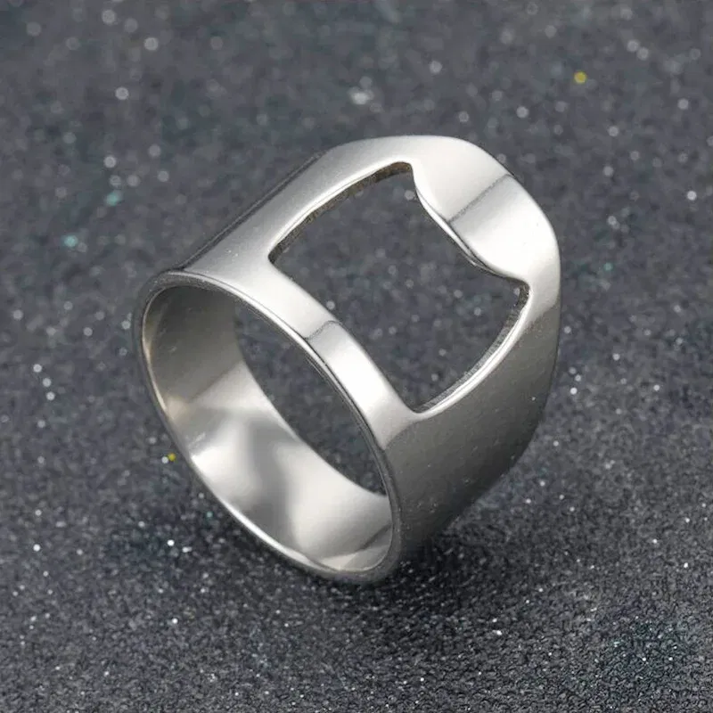 Main Stone Color: black, Ring Size: 7 - VIVILADY Titanium Stainless Steel Creative Bottle Opener Ring Jewelry For Unisex Punk Simple Fashion Party Bar Gift Wholesale