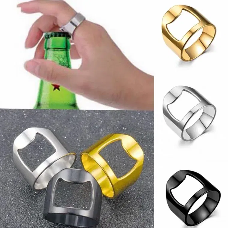 Main Stone Color: black, Ring Size: 7 - VIVILADY Titanium Stainless Steel Creative Bottle Opener Ring Jewelry For Unisex Punk Simple Fashion Party Bar Gift Wholesale