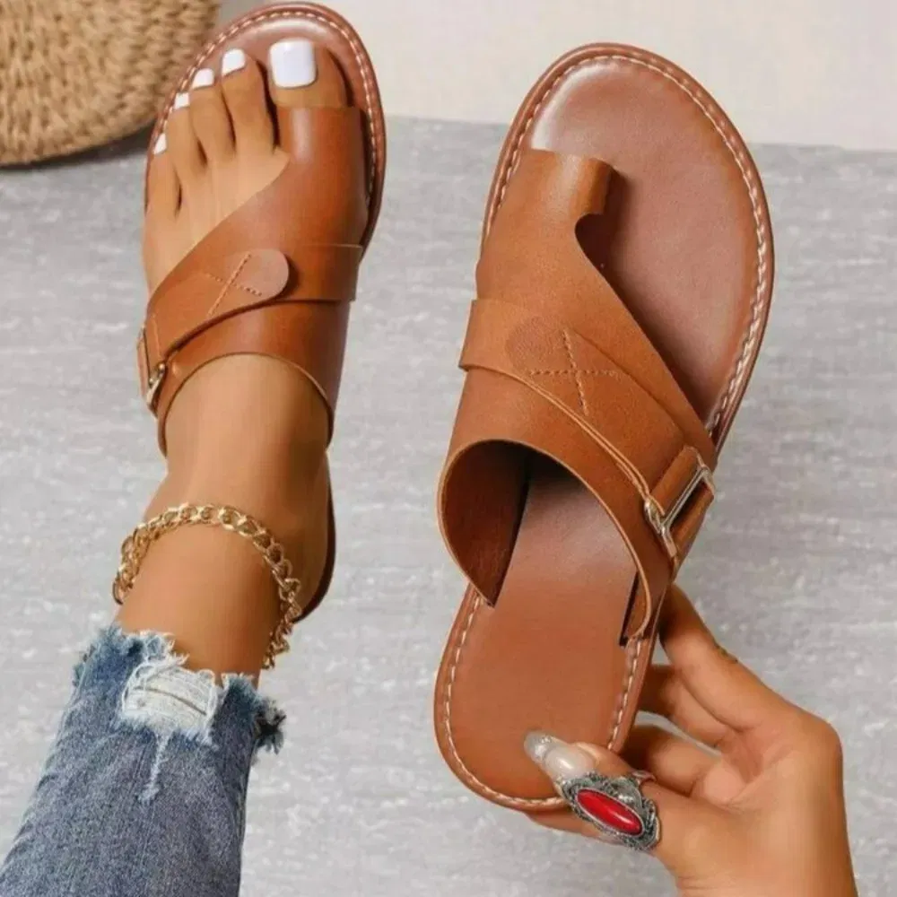 Color: Beige, Shoe Size: 38 - Women Slippers Outdoor Casual Beach Women Shoes Summer New Flats Flip Flop Sandals Walking Clip Toe Rome Buckle Ladies Slides
