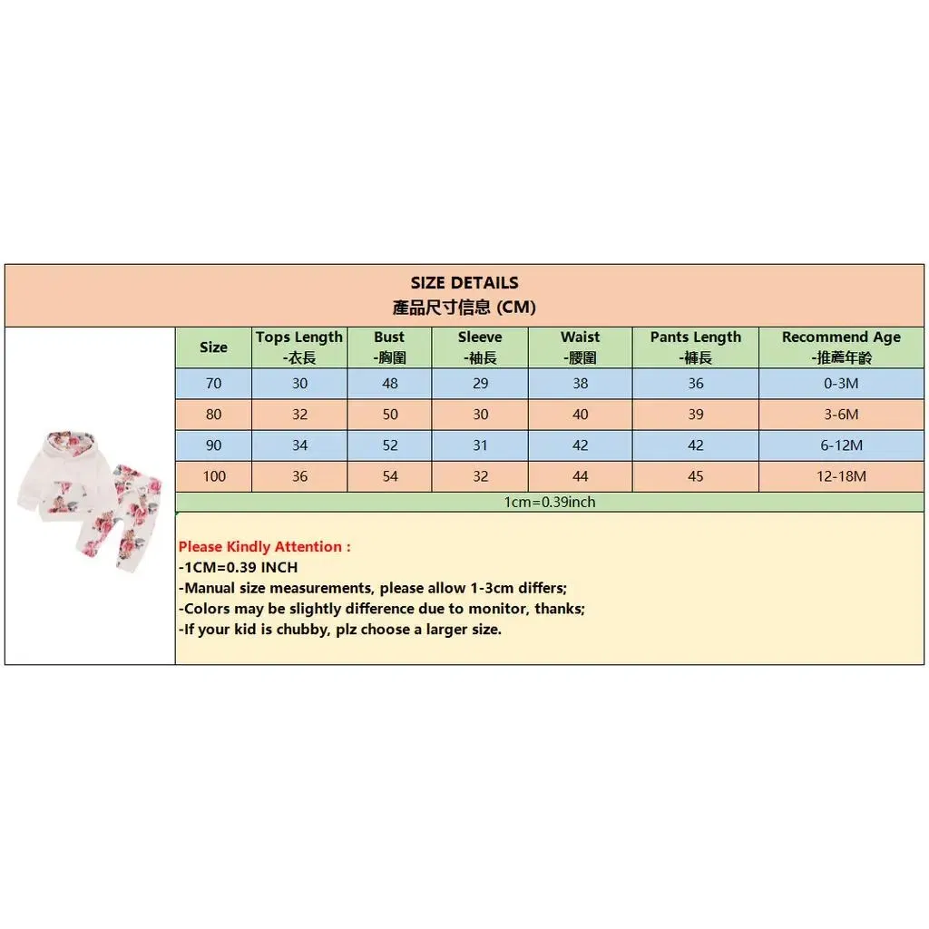 Color: Pink, Kid Size: 12M - 0-18 Months Toddler Baby Girl 3PCS Hooded Clothes Set Flowers Print Long Sleeve Top+Pant+Bowknot Headband Fashion Autumn Outfit