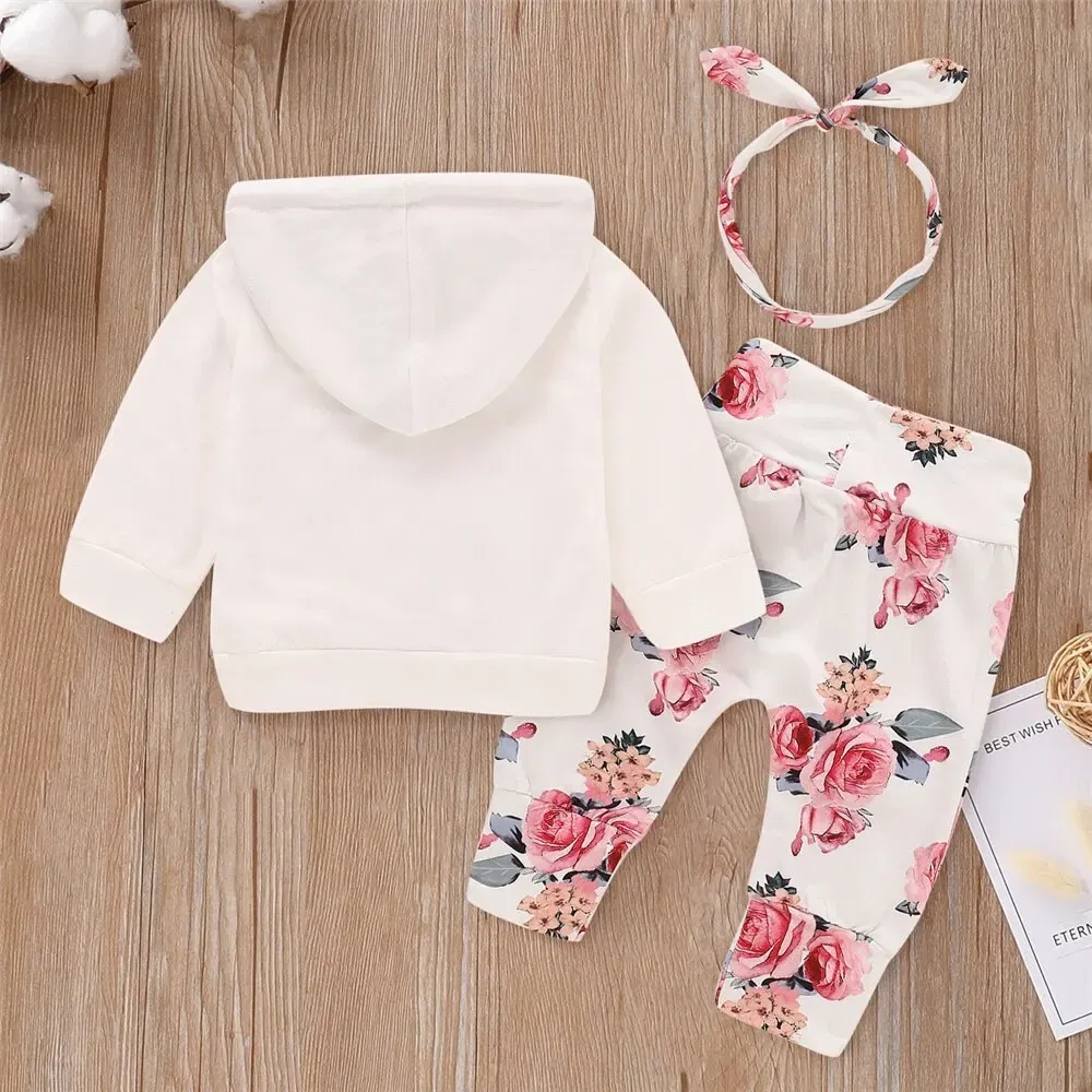 Color: Pink, Kid Size: 12M - 0-18 Months Toddler Baby Girl 3PCS Hooded Clothes Set Flowers Print Long Sleeve Top+Pant+Bowknot Headband Fashion Autumn Outfit