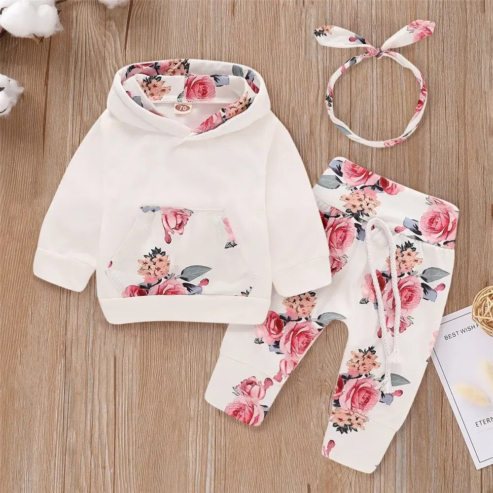 Color: Pink, Kid Size: 12M - 0-18 Months Toddler Baby Girl 3PCS Hooded Clothes Set Flowers Print Long Sleeve Top+Pant+Bowknot Headband Fashion Autumn Outfit