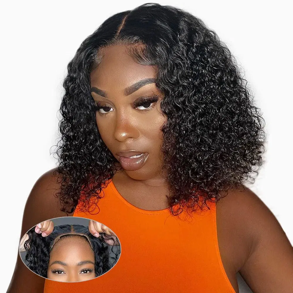 Hair Color: #1B, Ships From: United States, Stretched Length: 16inches, Density: 180% - Wear and Go Water Wave Glueless Bob Wigs Pre-plucked 7x5 HD Lace Closure Wig Pre-cut Lace Frontal Bob Wigs With Bleached Knots