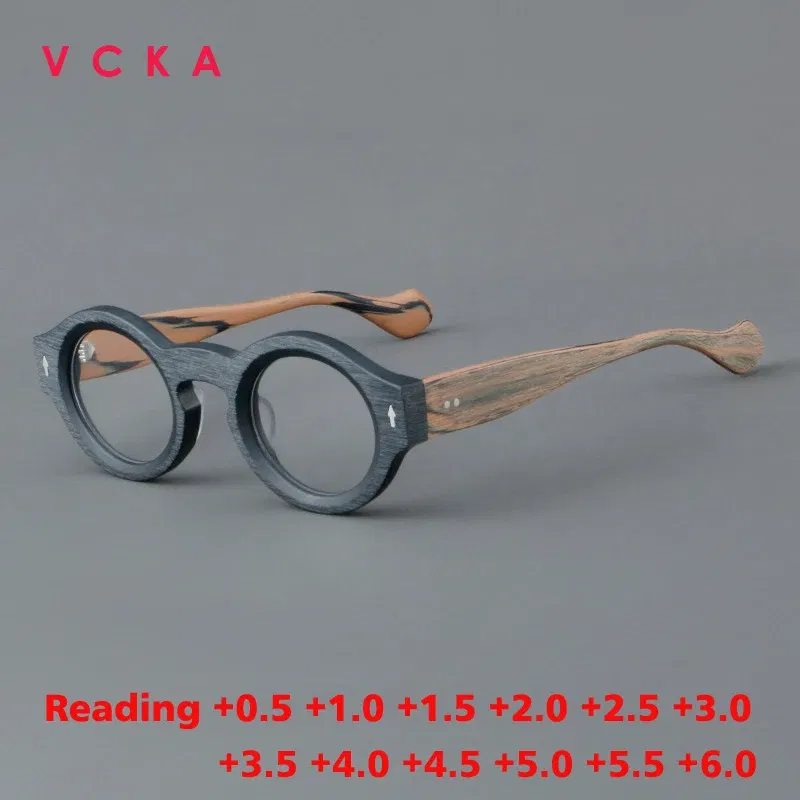 Frame Color: Red, Eye Prescription: 0 - VCKA Round Acetate Reading Glasses Frame Retro Men Prescription Anti-blue discolor Women Custom Optics Retro Eyewear +0.50to +10