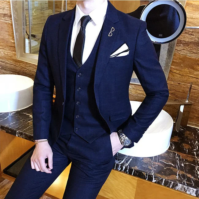 Color: Ivory, Size: L - Gray Men Classic Striped/Checked Suits, Business Office 3 Piece, Asian Size Slim Fit Men Dress Jacket & Pants with Vest, S-4XL
