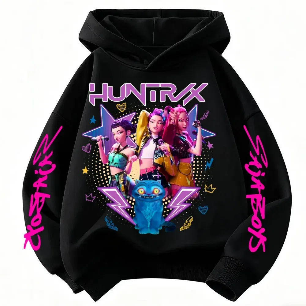 Color: black, Kid Size: 4 - Demone Hunter Girl's Pink Hooded Streetwear Autumn Cute Anime Baby Pullover Kids Y2K Kawaii Long Sleeved T-shirt Casual Clothes