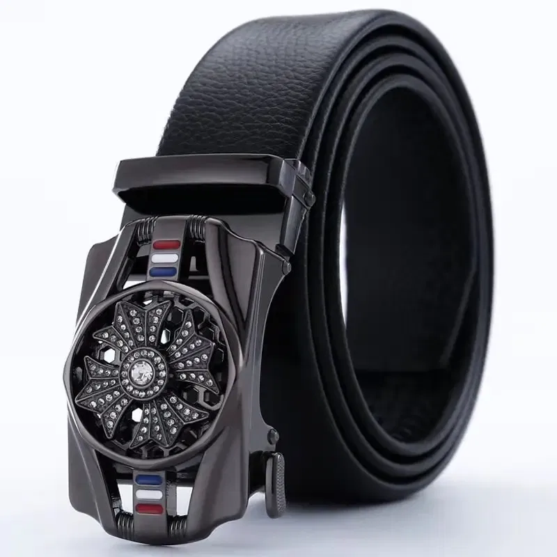 Color: army green, Belt Length: 110cm - Man PU Leather Belt High Quality Men Business Belt Golden Automatic Buckle Waist Buckle Rhinestone Decoration Males Luxury Belt