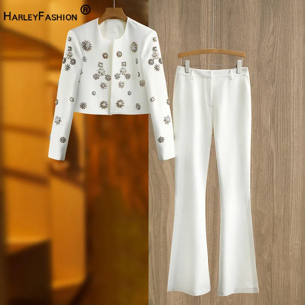 Color: black, Size: XL, Ships From: CHINA - Luxury Design Handmade Spark Rhinestone Women 2PCS Pants Suits Short Jacket Wide-leg Trousers High Street White Twin Sets