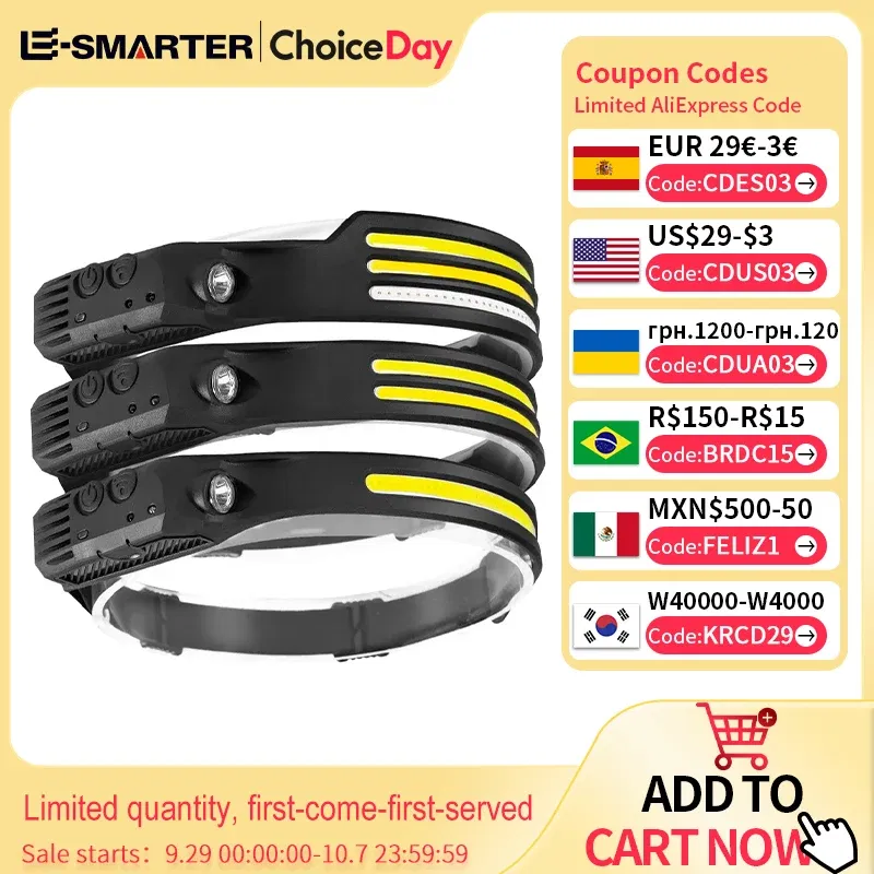 Emitting Color: Blue - Induction Headlamp COB LED Sensor Head Lamp Built-in Battery Flashlight USB Rechargeable Head Torch 5 Lighting Modes Headlight