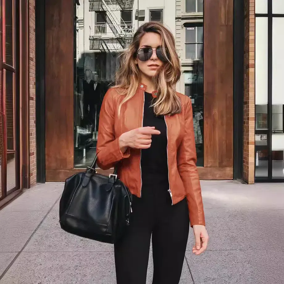 Color: Burgundy, Size: M - Womens Spring Full Long Sleeve Jacket Coat Autumn Leather Blazer Winter Zipper Outwear Suit Cardigan Female  Jackets