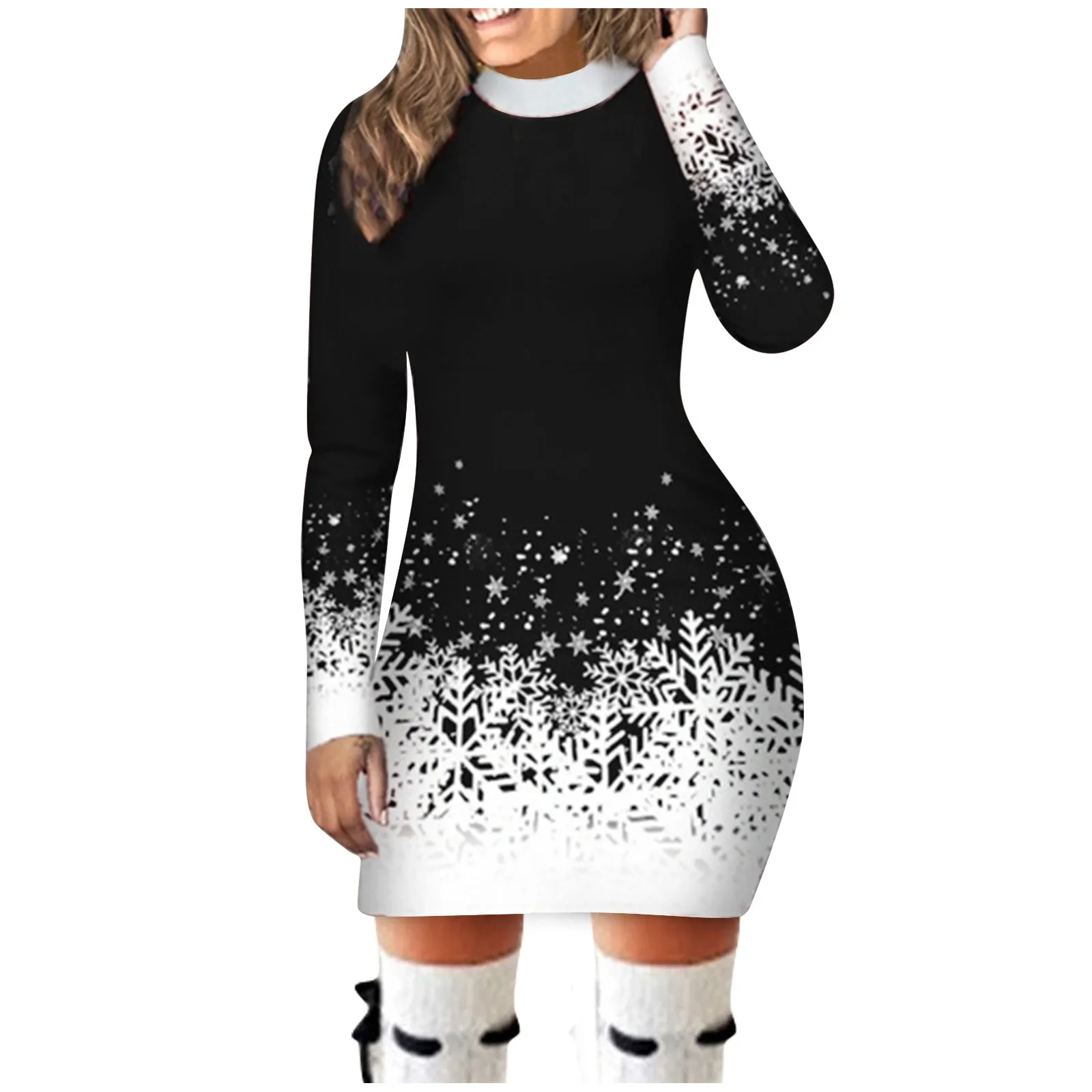 Color: Red, Size: M, Ships From: CN - Women's Christmas Dress Hip Wrap Slim Fit Autumn Winter 2024 Dresses Round Neck Snowflake Printed Long-sleeved Party Clothes