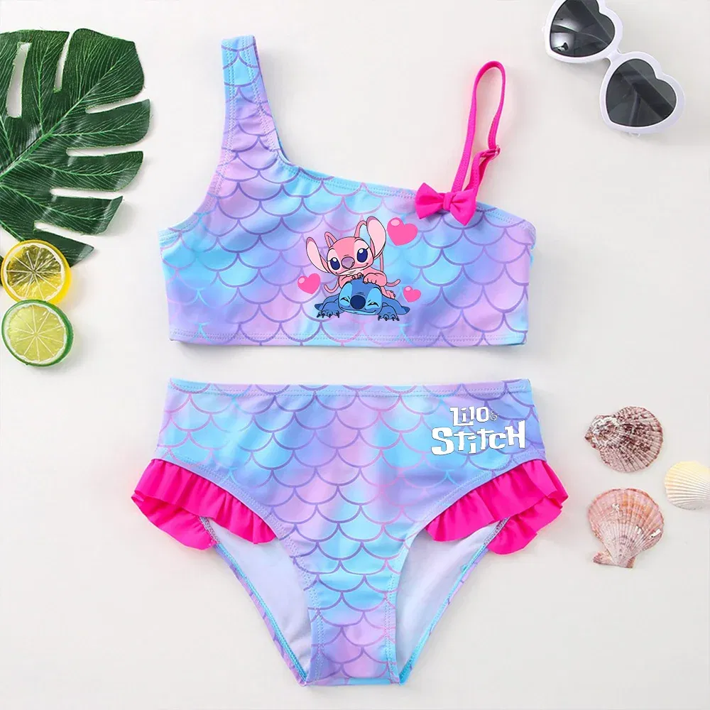 Color: Champagne, Size: L - Lilo Stitch Girls Tankini Swimsuits Summer Beach wear Children Kids Wear Bathing Suits Two-pieces Bikini Dresses Fashion