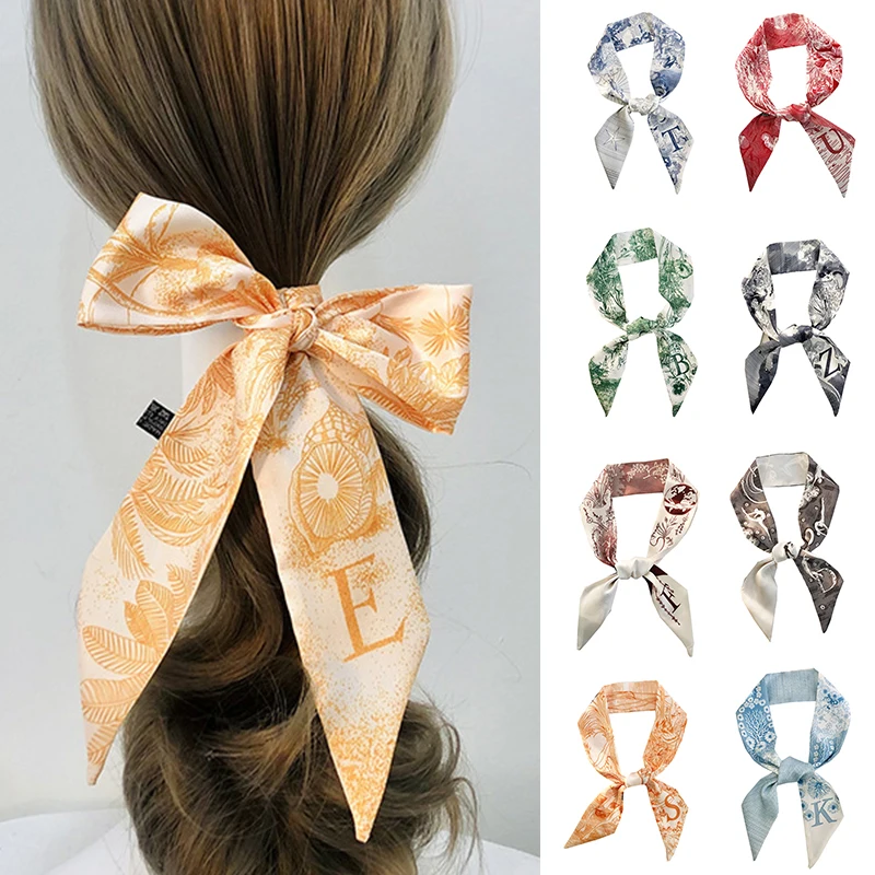 Color: MULTI - Sketch Style 26 Letters Temperament Small Scarf Long Silk Scarf Hair Band Narrow Headband Hair Tie Bag Handle Hair Accessories
