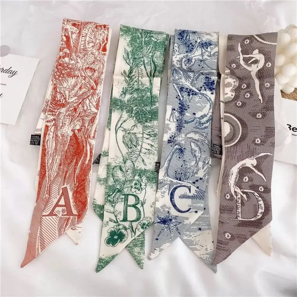 Color: MULTI - Sketch Style 26 Letters Temperament Small Scarf Long Silk Scarf Hair Band Narrow Headband Hair Tie Bag Handle Hair Accessories