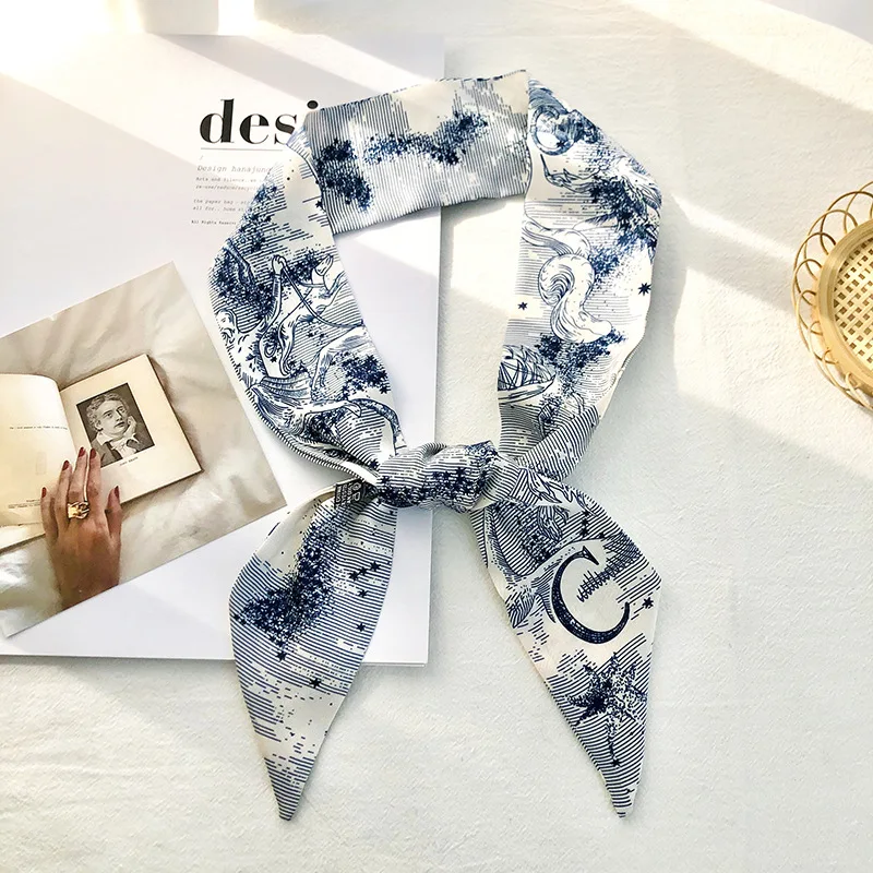 Color: MULTI - Sketch Style 26 Letters Temperament Small Scarf Long Silk Scarf Hair Band Narrow Headband Hair Tie Bag Handle Hair Accessories