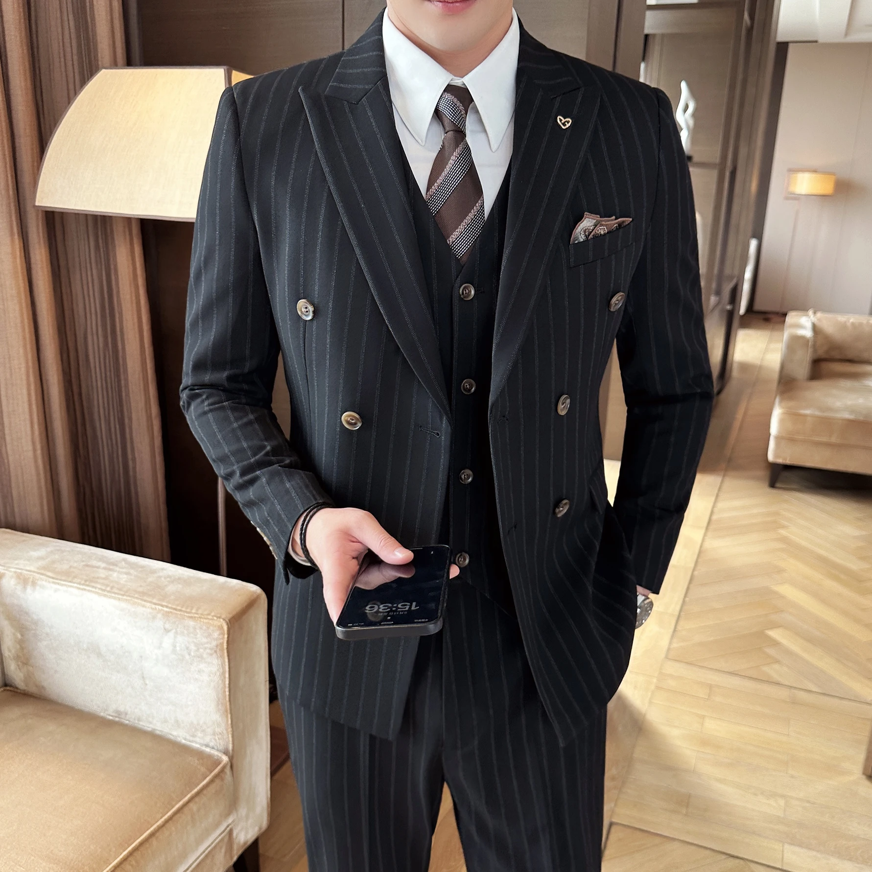 Color: Beige, Size: M - 2025 Korean-Style British High-Quality Autumn Winter Three-Piece Suit Set Fashionable Cool Versatile Striped Men's Clothing