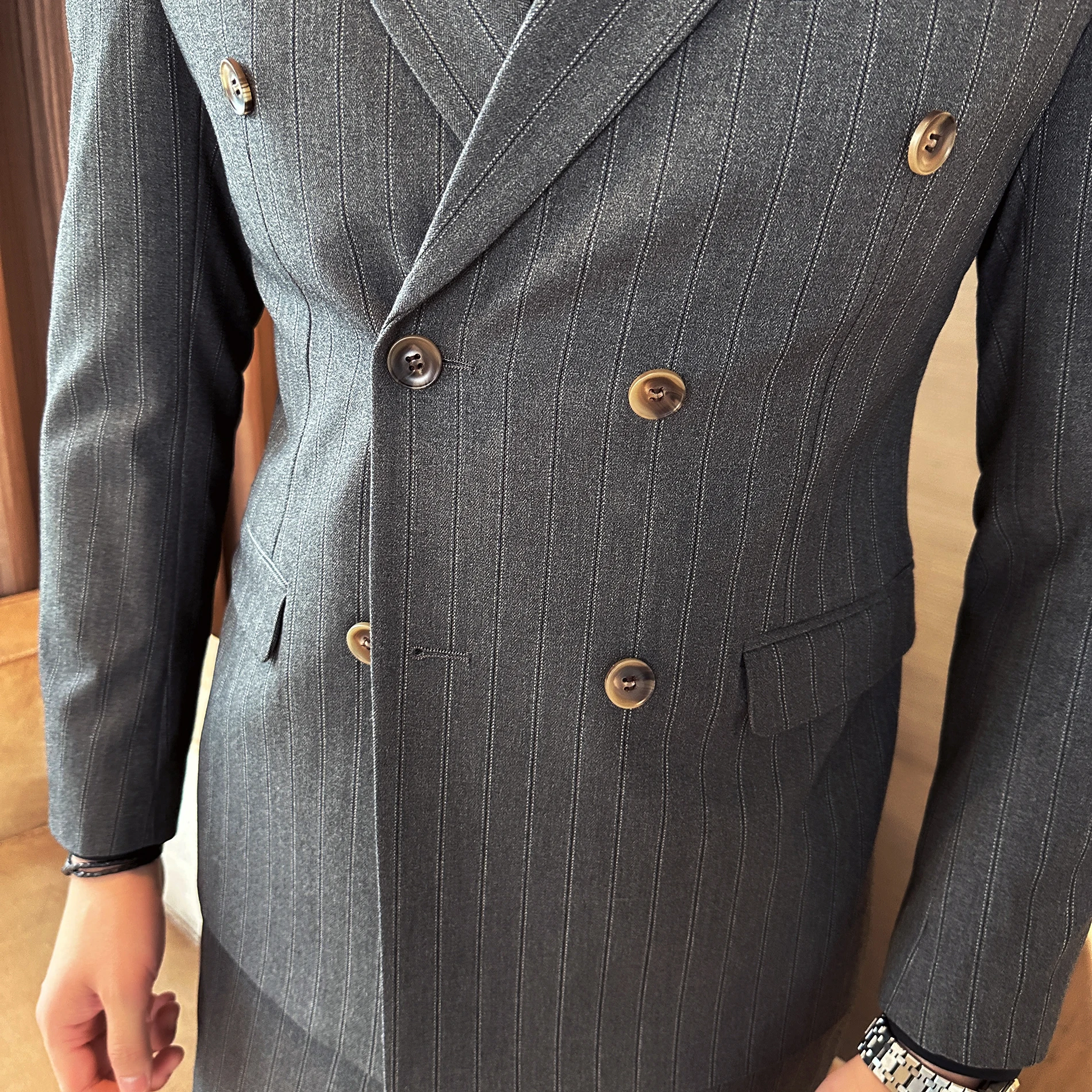 Color: Beige, Size: M - 2025 Korean-Style British High-Quality Autumn Winter Three-Piece Suit Set Fashionable Cool Versatile Striped Men's Clothing