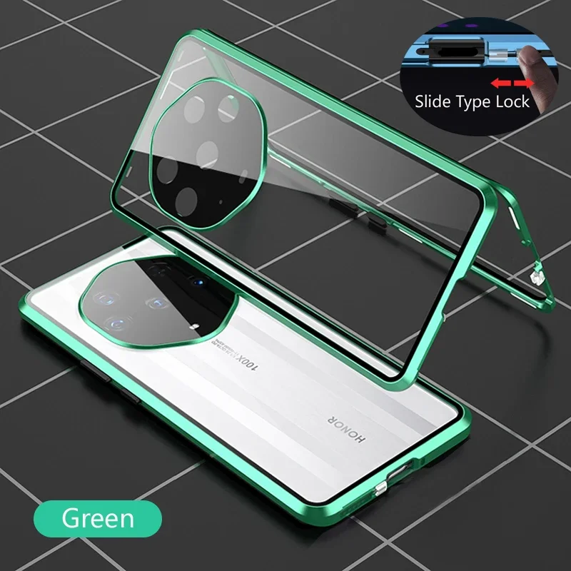 Color: green, Material: PVC - Double Sided Glass Magnetic Metal Snap Lock Phone Case For Honor Magic 4 5 Ultimate 6 Lite 7 Pro Lens Protection Cover Cases