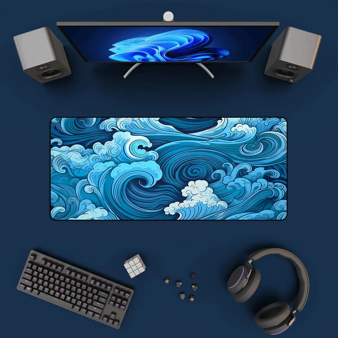 Color: Khaki - Aesthetic Desk Mat Art Japanese Great Waves XXL Gaming Mouse Pad Blue Mousepad 900x400 Beautiful Nature Rubber Desk Pad Mat