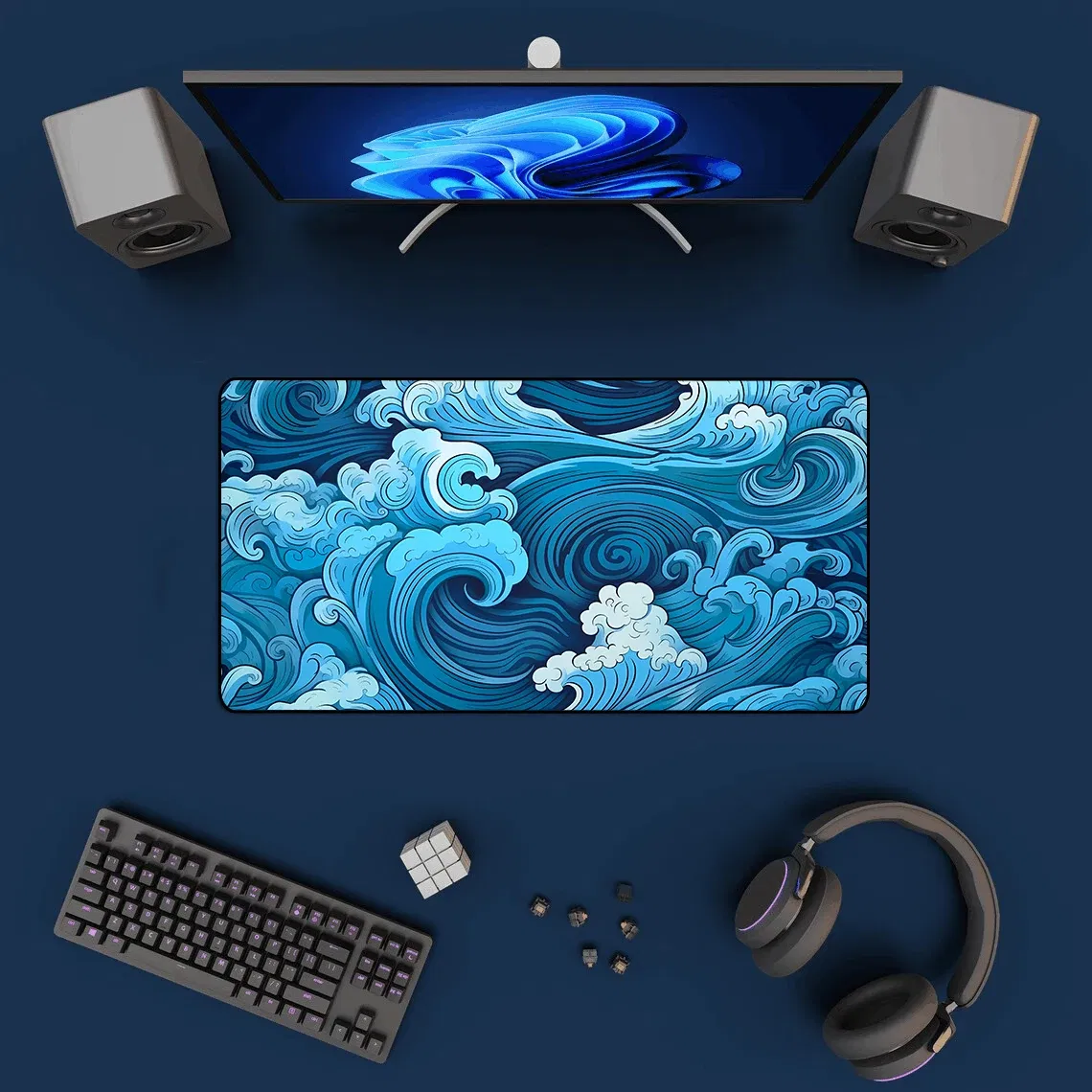 Color: Khaki - Aesthetic Desk Mat Art Japanese Great Waves XXL Gaming Mouse Pad Blue Mousepad 900x400 Beautiful Nature Rubber Desk Pad Mat