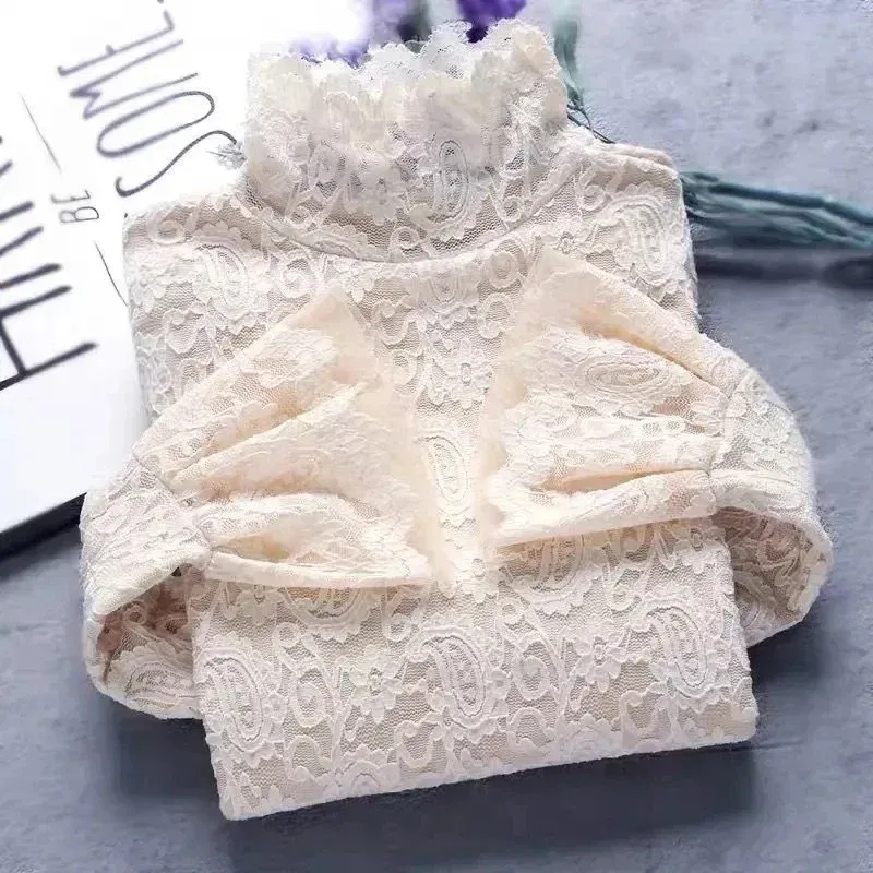 Color: Beige, Size: L - Sexy Transparent Long Sleeve Top Women 2025 Fashion Autumn Winter Basic Lace Blouses White Black Hollow Blusas Mujer Oversized
