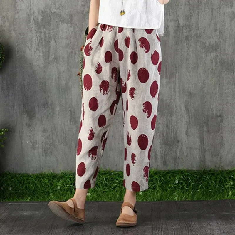 Color: Blue, Size: L - Cotton and Linen Pants for Women Summer  Printing Harem Pants Female Mother Loose Retro Fashion Women's Ankle Length  Pants