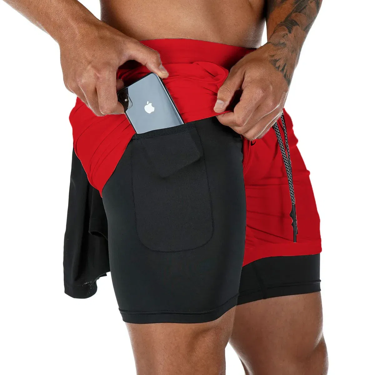 Color: Gold, Size: L - Men's Double Layer Fitness Shorts Drawstring Mesh Lining Elastic Waist Breathable Quick Dry to Beach Pool Summer Male