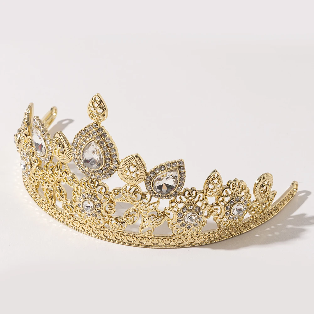 Metal color: Antique Gold Plated - LUIZADA European Princess Queen Round Headdress Moroccan Bride Crystal Crown King Bride Headdress Wedding Hair Accessories