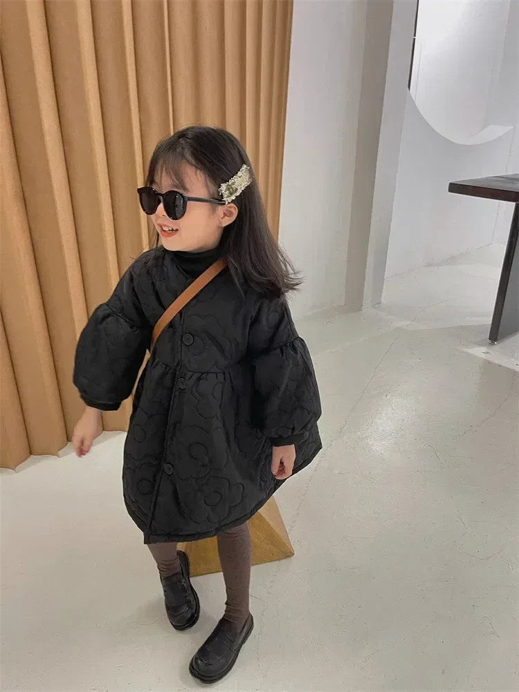 Color: black, Kid Size: 3T - Children's Coats Autumn and Winter Coat with Floral Embroidery Puffed Sleeves Girls Coat Baby Girl Winter Clothes