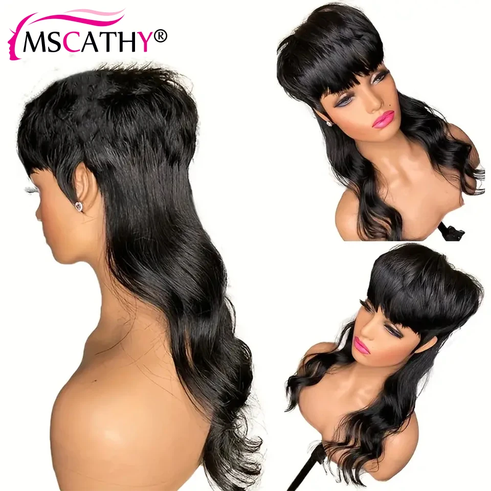 Hair Color: LYD1B/99J, Stretched Length: 6inches, Density: 150% - Full Machine Made Dovetail Human Hair Wigs Body Wave Short Pixie Cut Wig With Bangs Glueless Brazilian Remy Hair Wigs For Women
