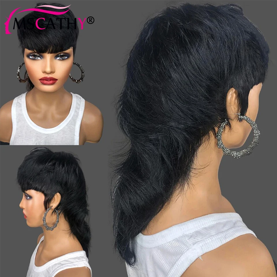 Hair Color: LYD1B/99J, Stretched Length: 6inches, Density: 150% - Full Machine Made Dovetail Human Hair Wigs Body Wave Short Pixie Cut Wig With Bangs Glueless Brazilian Remy Hair Wigs For Women