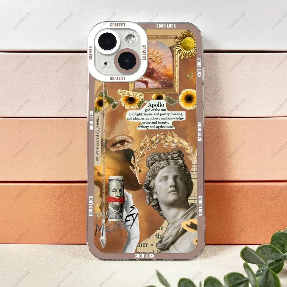 Color: Gold, Material: PP - Aesthetic Statue Art Phone Case For iPhone 16 15 14 13 12 11 Pro Max XS X XR Plus Mini Luxury Transparent Soft Funda