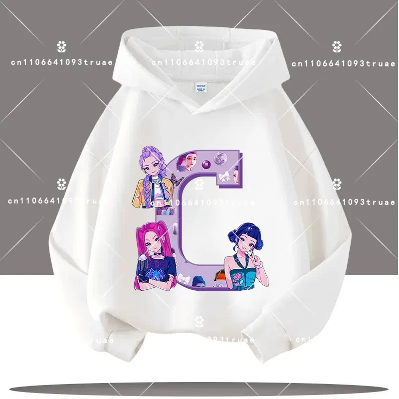 Color: Silver, Kid Size: 7 - K-pop Demon Hunters Letter A-Z 3-12 Year Old Children Hooded Sweatshirt Girls' Casual Shirt Boys' Sports Shirt Cartoon Print