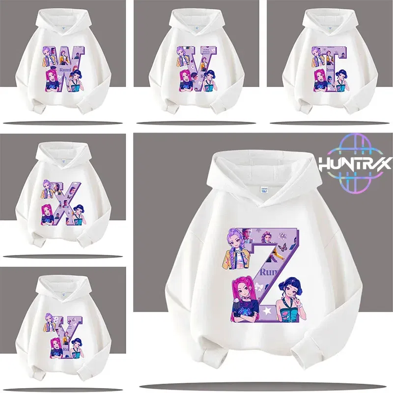 Color: Silver, Kid Size: 7 - K-pop Demon Hunters Letter A-Z 3-12 Year Old Children Hooded Sweatshirt Girls' Casual Shirt Boys' Sports Shirt Cartoon Print