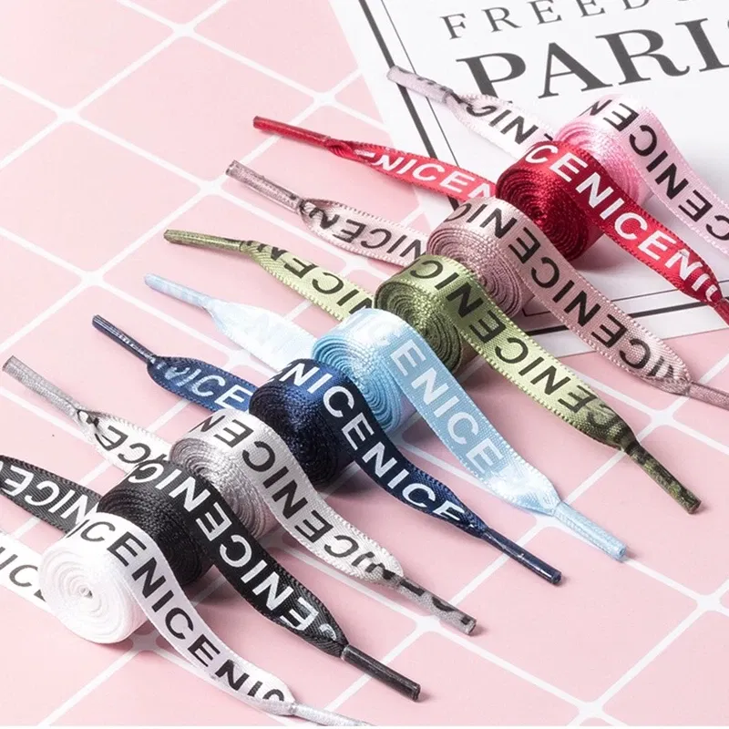 Color: GRAY, Length: 120cm, Ships From: CHINA - New 1 Pair Shoelaces Letter Print Flat Shoelaces 1CM Width Satin Silk Ribbon Sneakers Shoes Lace Casuals Canvas Shoelace Strings