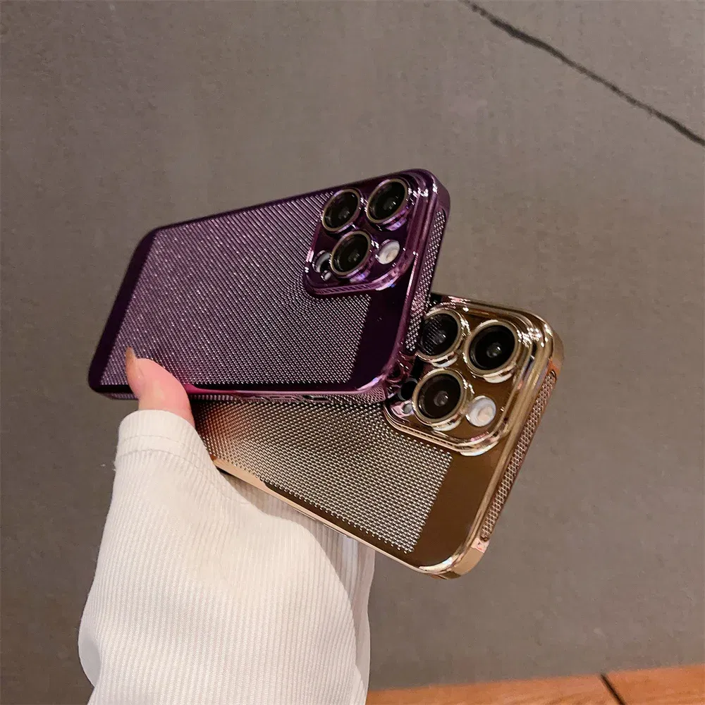 Color: Pink, Material: leather - Luxury Plating Hollowed Out Case for iPhone 12 13 Mini 11 14 Pro Max X XR Xs Max 7 8 Plus Heat Dissipation Shockproof Lens Cover