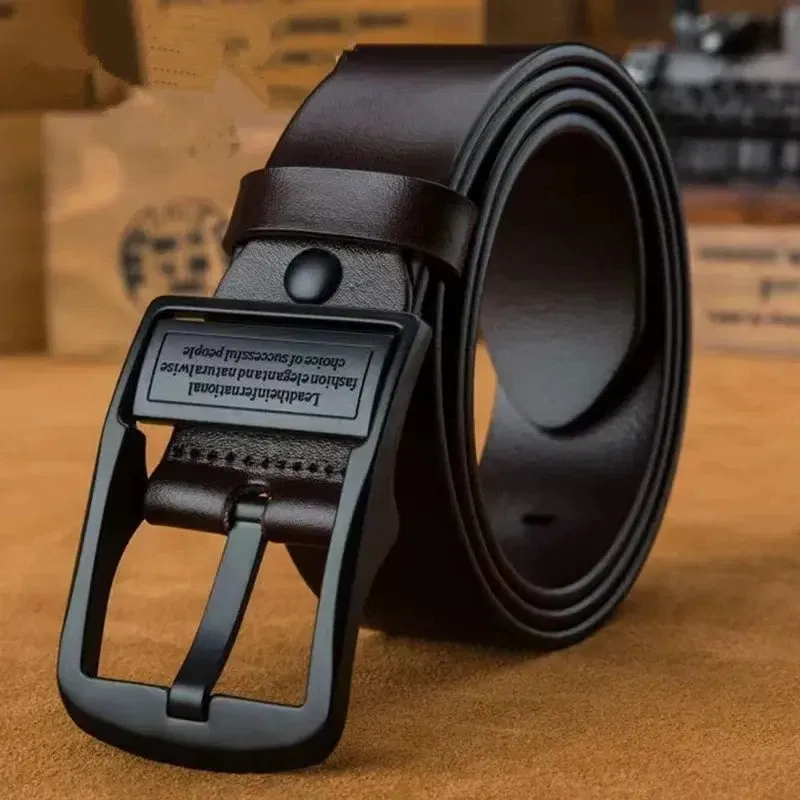Color: WHITE, Belt Length: 120cm - New Leather Cowhide Men's Belt Fashion Metal Alloy Pin Buckle Adult Luxury Brand Jeans Business Casual Waist Male Strap Brand