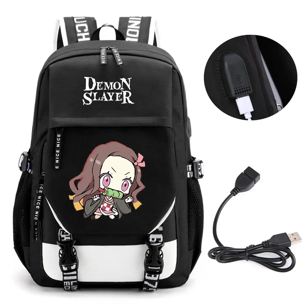 Color: light yellow - Anime Demon Slayer Kamado Nezuko Backpack School Book Bags Mochila Travel USB Port Bag Laptop Boy Girls Gift