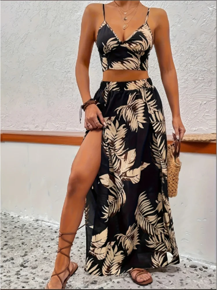 Color: black, Size: M - Elegant Deep V-neck Dress Women Summer Sleeveless Printed Vest Skirt Set Sexy High Slit Trend Dresses