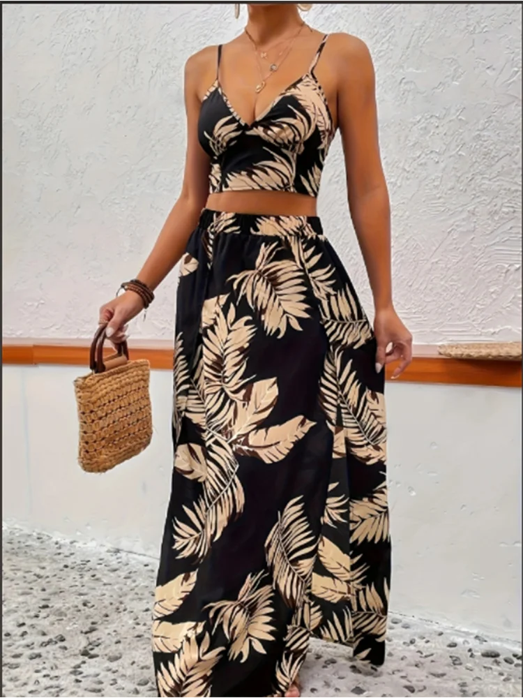 Color: black, Size: M - Elegant Deep V-neck Dress Women Summer Sleeveless Printed Vest Skirt Set Sexy High Slit Trend Dresses