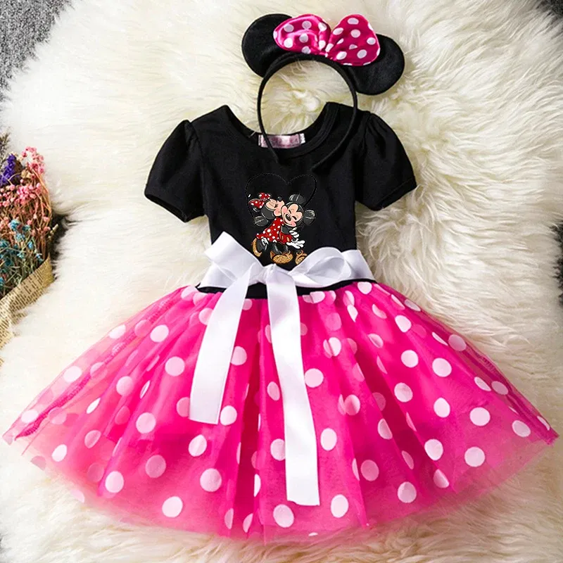 Color: green, Size: XXS - Cartoon Mickey Minnie Mouse Kids Short Sleeve Polka Dot Princess Dress 1-6Y Party Baby Girls Clothes Cosplay Costumes