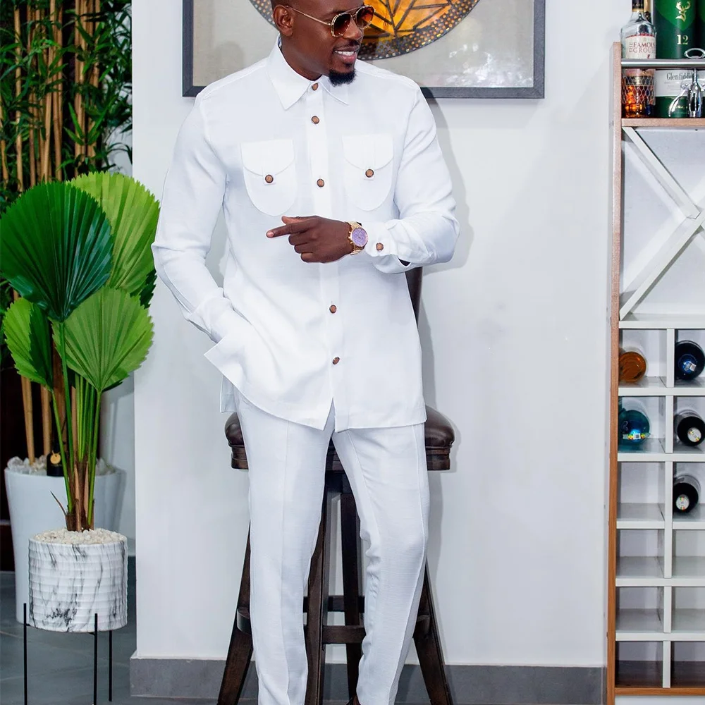 Color: Mint, Size: M - 2025 New men's suit, white pocket, 2-piece set, luxury wedding casual suit, traditional African style of ethnic minorities