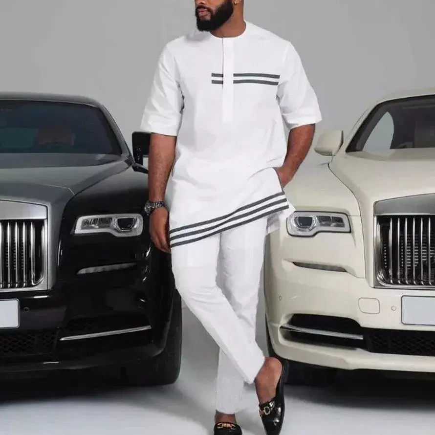 Color: Mint, Size: M - 2025 New men's suit, white pocket, 2-piece set, luxury wedding casual suit, traditional African style of ethnic minorities