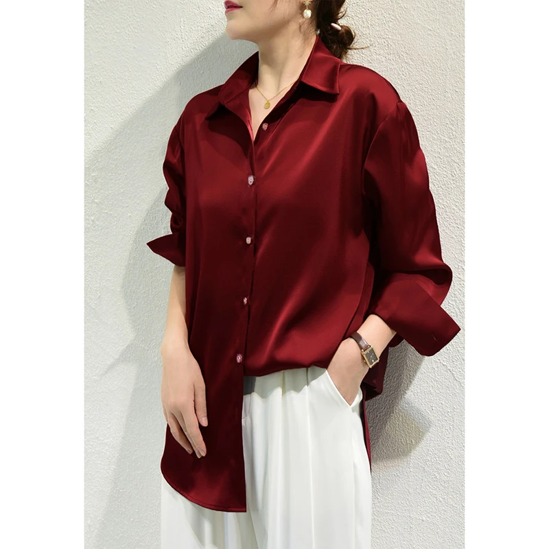 Color: GRAY, Size: S - All-match Satin Finish Shirts And Blouses Women Clothing Casual Top OL Long Sleeve Button Elegant Shirts French Solid Blouses
