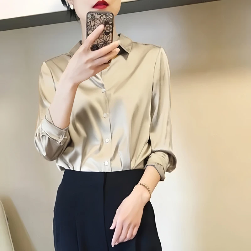 Color: GRAY, Size: S - All-match Satin Finish Shirts And Blouses Women Clothing Casual Top OL Long Sleeve Button Elegant Shirts French Solid Blouses