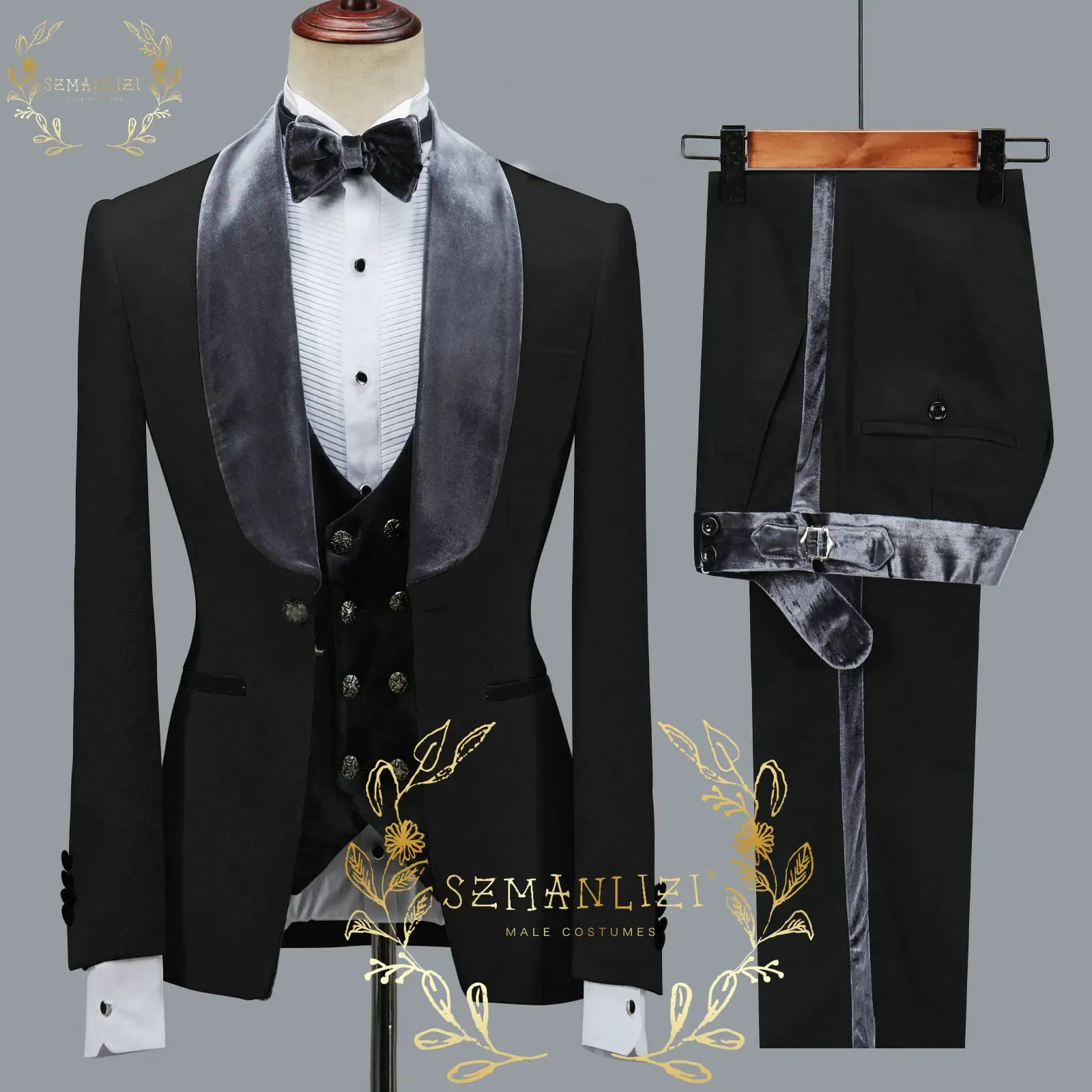 Color: Silver, Size: M - SZMANLIZI 2022 Latest Designs Black Floral Party Blazer Men Suits Costume Homme Groom Tuxedos Wedding Terno Masculino 3 Pieces