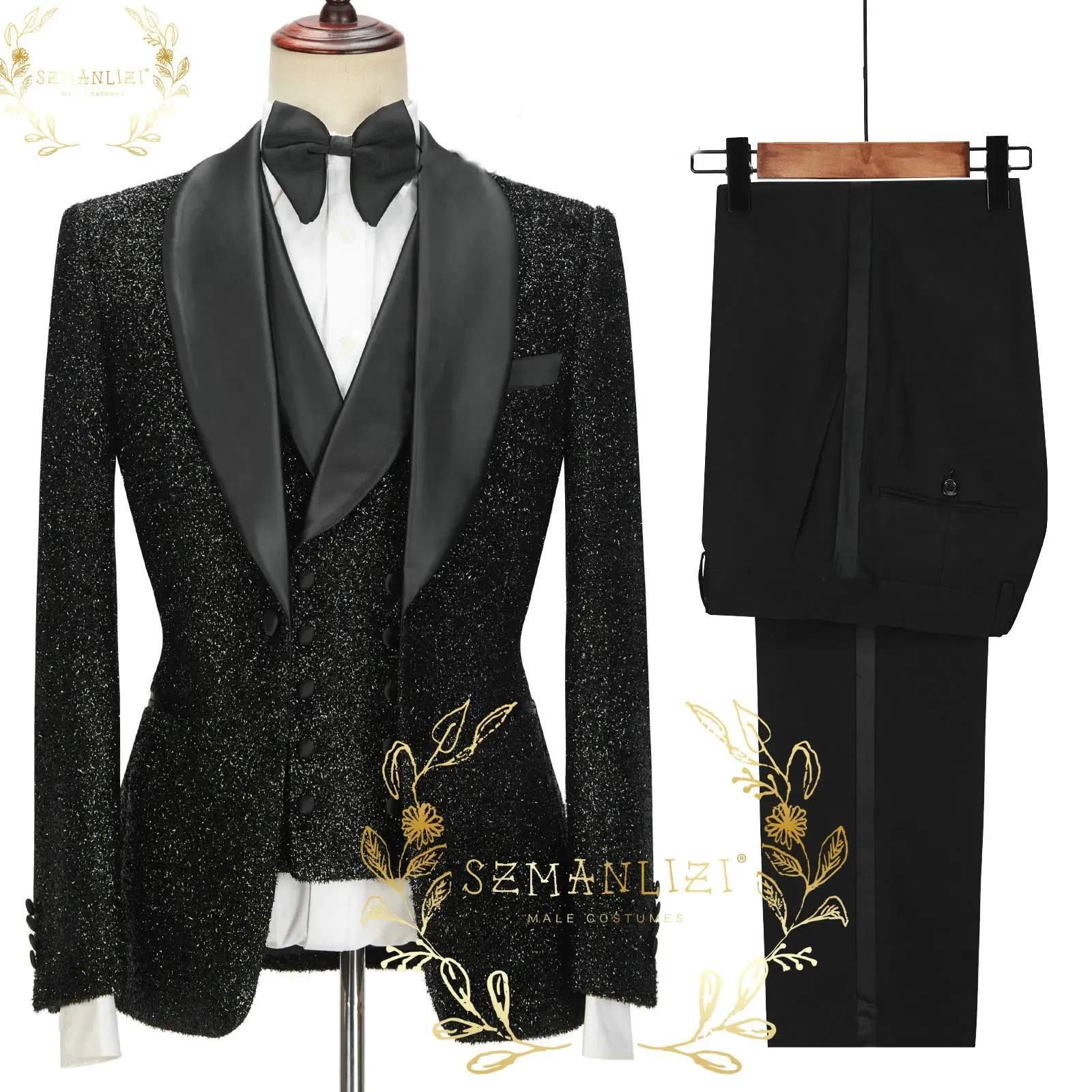 Color: Silver, Size: M - SZMANLIZI 2022 Latest Designs Black Floral Party Blazer Men Suits Costume Homme Groom Tuxedos Wedding Terno Masculino 3 Pieces