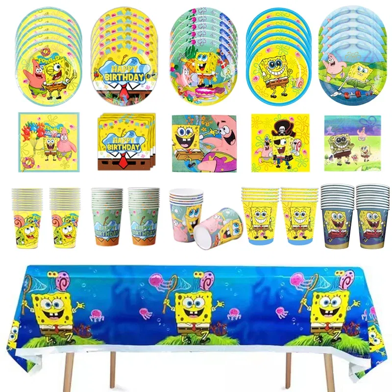 Color: Red - SpongeBob Party Decorations Disposable Tableware Cup Baby Shower Birthday Theme Plate Tablecloth Kids Birthday Party