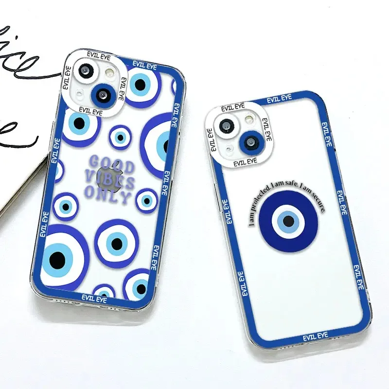 Color: Beige, Material: Vinyl - Blue Evil Eye Phone Case For Samsung Galaxy S10 S20 S21 S22 S23 S24 FE Plus Ultra Note 20 Transparent TPU Case