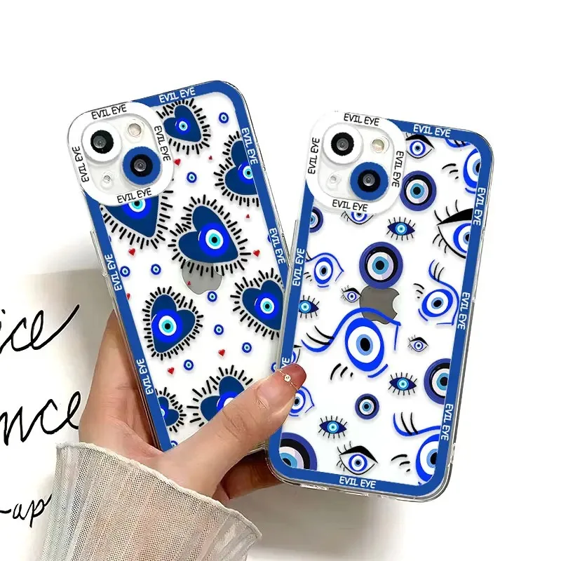 Color: Beige, Material: Vinyl - Blue Evil Eye Phone Case For Samsung Galaxy S10 S20 S21 S22 S23 S24 FE Plus Ultra Note 20 Transparent TPU Case